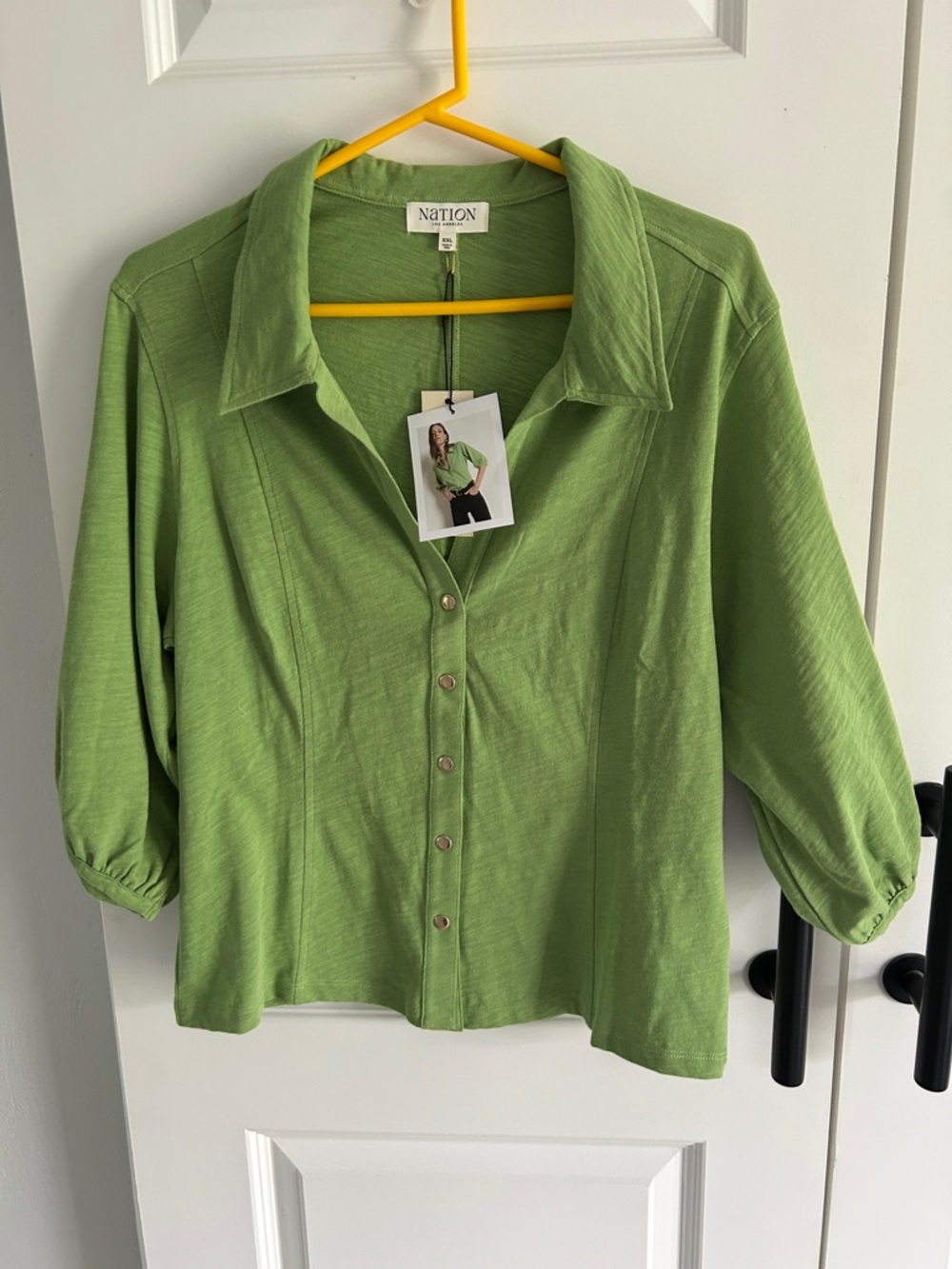 Anthro Nation Los Angeles Green Button-Front Collared Women's cotton Top XXL